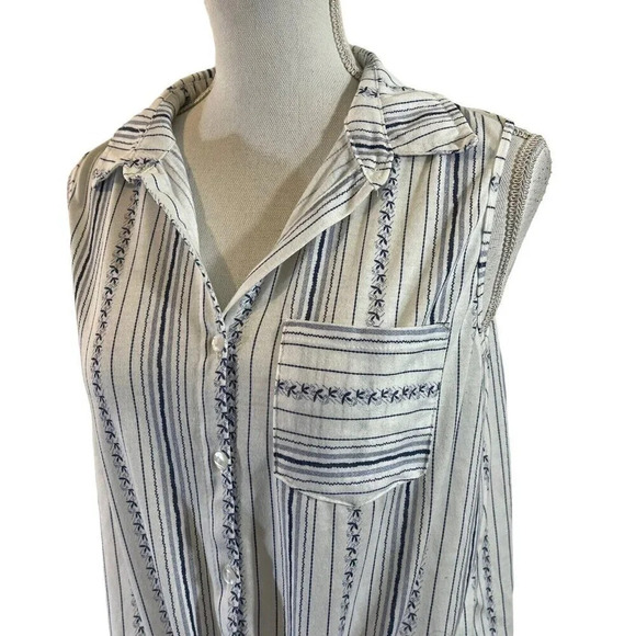 Eden & Olivia Striped Button Up Tank Top Medium Front Hem Tie Collared Pocket - Picture 5 of 10